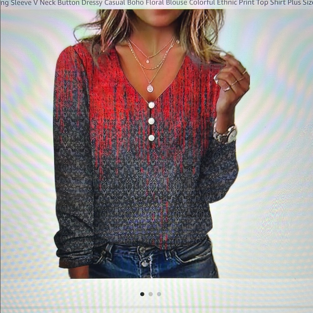 Women's Red and Gray V-Neck Button Top